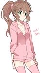  bad_id bad_pixiv_id breasts brown_hair cardigan cleavage collarbone green_eyes hair_ornament long_hair no_bra open_cardigan open_clothes original pink_legwear pink_shorts pink_sweater ponytail shorts simple_background small_breasts solo sweater thighhighs white_background ycco_(estrella) 