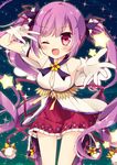  ;d aisha_(elsword) battle_magician_(elsword) blue_background blush elsword gloves hoshi_(snacherubi) kneehighs long_hair looking_at_viewer one_eye_closed open_mouth outstretched_hand purple_eyes purple_hair purple_legwear purple_skirt shoes skirt smile solo twintails v white_footwear white_gloves 