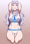  armpits arms_behind_head bikini breasts groin hairband idolmaster idolmaster_(classic) large_breasts long_hair looking_at_viewer navel open_mouth puge purple_eyes sailor_bikini sailor_collar sailor_swimsuit_(idolmaster) seiza shijou_takane silver_hair sitting solo swimsuit thick_thighs thighs 