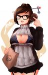  bag beads breasts brown_eyes brown_hair casual character_name cleavage cleavage_cutout doughnut food garter_straps glasses hair_bun hair_ornament hair_stick large_breasts mei_(overwatch) meme_attire miniskirt open-chest_sweater overwatch paper_bag rumi_cha short_hair skirt solo sweater 