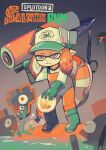  baseball_cap boots chum_(splatoon) copyright_name frown gloves golden_egg green_footwear green_gloves green_headwear grey_background grey_eyes hat inkling lifebuoy ocean orange_hair orange_overalls overalls pointy_ears rubber_boots rubber_gloves salmon_run splat_roller_(splatoon) splatoon_(series) splatoon_2 terada_tera 