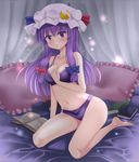  3692materia bangs bare_shoulders barefoot blue_ribbon blunt_bangs blush book bra breasts cleavage closed_mouth collarbone crescent crescent_hair_ornament curtains frilled_pillow frills hair_ornament hair_ribbon hat highres kneeling long_hair looking_at_viewer medium_breasts mob_cap navel panties patchouli_knowledge pillow purple_bra purple_eyes purple_hair purple_panties red_ribbon ribbon sidelocks solo touhou tress_ribbon underwear underwear_only 