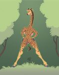  2016 anthro big_breasts blue_eyes breasts butt female giraffe hands_on_hips hooves looking_away mammal nude pussy solo spotty_the_cheetah standing tree 