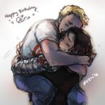  2boys blonde_hair blue_eyes blush brown_hair ezroseven happy_birthday hug james_buchanan_barnes male_focus marvel mechanical_arm multiple_boys one_eye_closed smile star steve_rogers sweatdrop tearing_up 