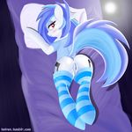  anus bed blush butt clothed clothing equine female friendship_is_magic hair horn legwear mammal my_little_pony pussy red_eyes smile solo stockings twiren unicorn vinyl_scratch_(mlp) 