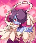  bare_shoulders bigdead93 blue_skin breasts cleavage detached_collar detached_sleeves hair_over_one_eye leviathan_(skullgirls) lipstick long_hair makeup purple_hair red_eyes side_ponytail skull skullgirls squigly_(skullgirls) stitched_mouth striped striped_sleeves zombie 