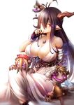  antenna_hair bandaged_arm bandages biting black_gloves black_hair blush breasts cleavage commentary_request crescent danua draph dress finger_biting fingerless_gloves gloves granblue_fantasy hair_between_eyes horn_ornament horns jewelry large_breasts long_hair looking_at_viewer necklace pointy_ears red_eyes simple_background solo sowel_(sk3) white_dress 