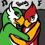  anonyartist askos avian avian_(starbound) beak cuddling date duo feathers green_feathers hug looking_at_viewer maladash male male/male music nude red_feathers sitting starbound talons video_games white_feathers 