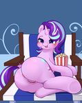  2016 anus big_butt blue_eyes blue_hair blush butt chair cutie_mark eating equine female feral food friendship_is_magic hair hi_res horn long_hair mammal multicolored_hair my_little_pony open_mouth pinkcappachino popcorn purple_hair pussy pussy_juice solo starlight_glimmer_(mlp) two_tone_hair underhoof unicorn 