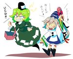  arm_up basket blush candy closed_eyes dress food furukawa_(yomawari) ghost_tail grabbing green_dress green_hair grey_hair hat lollipop mononobe_no_futo multiple_girls sharp_teeth soga_no_tojiko sweat tail tail_grab tate_eboshi teeth touhou translation_request 