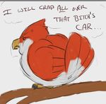  angry avian beak bird borb butt dialogue feathers feral maladash male presenting presenting_hindquarters red_feathers simple_background slightly_chubby stick talons tatsuchan18 white_feathers 
