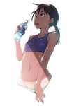  bad_id bad_pixiv_id black_hair blue_eyes bottle breasts collarbone eyebrows groin highres looking_away navel nukomasu open_mouth original panties panty_pull ponytail pulled_by_self simple_background small_breasts solo sports_bra sweat tan tanline underwear underwear_only water_bottle white_background 