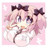  1girl blue_eyes blush bow breasts commentary_request hair_bow hibari_(senran_kagura) jacket large_breasts looking_at_viewer open_mouth pink_hair senran_kagura senran_kagura_shoujo-tachi_no_shin'ei shirogane_(platinum) short_hair short_twintails smile solo symbol-shaped_pupils track_jacket twintails upper_body v 