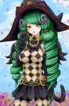  bangs black_gloves black_hat black_skirt breasts fiore_burnelli green_hair green_lipstick hair_ornament hat kiteh4ck large_breasts lipstick long_hair makeup miniskirt solo sorceress star_ocean star_ocean_integrity_and_faithlessness twin_drills witch witch_hat wizard yellow_eyes 