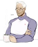  coffee coffee_mug glasses green_eyes grin highres male_focus old_man overwatch sejihoe smile soldier:_76_(overwatch) solo sweater white_background white_hair 