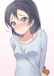  1girl bag bangs between_breasts black_hair blush bra_strap breasts commentary_request embarrassed gift heart long_sleeves love_live! love_live!_sunshine!! love_live!_sunshine!!_the_school_idol_movie_over_the_rainbow medium_hair purple_eyes shoulder_bag small_breasts solo upper_body valentine watanabe_tsuki yamamoto_chavez 
