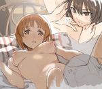  bed bed_sheet blush breasts brown_eyes brown_hair cosmic_(crownclowncosmic) couple cunnilingus eye_contact girls_und_panzer highres incest indoors looking_at_another lying medium_breasts multiple_girls navel nipples nishizumi_maho nishizumi_miho nude on_back on_bed open_mouth oral pillow pubic_hair pussy short_hair siblings sisters smile sweat tears yuri 
