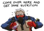  english face_mask facing_viewer fatherly food galaxyspark grey_hair jacket juice_box male_focus mask old_man overwatch sandwich soldier:_76_(overwatch) solo 