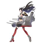 black_hair breasts cannon clenched_hand full_body headgear high_heels highres kantai_collection large_breasts long_hair looking_away machinery nagato_(kantai_collection) navel open_mouth red_eyes solo sugue_tettou thighhighs turret white_background 