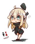  ahoge blue_eyes chibi commentary_request covering covering_crotch flying_sweatdrops garrison_cap hat have_to_pee kantai_collection long_hair looking_at_viewer nuu_(nu-nyu) running silver_hair solo tearing_up toilet_symbol u-511_(kantai_collection) 