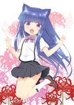  animal_ears blue_hair bobby_socks bow bowtie cat_ears cat_tail floral_background flower full_body furude_rika gaou higurashi_no_naku_koro_ni jumping looking_at_viewer midair open_mouth outstretched_arms purple_eyes school_uniform shoes short_sleeves skirt socks solo spider_lily suspenders tail 