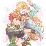  1boy 1girl agate_crosner blonde_hair bow carrying eiyuu_densetsu eyes_closed fingerless_gloves gloves goggles goggles_around_neck hair_bow happy jacket long_hair long_sleeves mishiro_(andante) ponytail red_hair scar sen_no_kiseki smile sora_no_kiseki spiked_hair tita_russell 