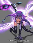  &gt;:( arm_support black_legwear blue_eyes blush braid breasts cleavage commentary_request electricity energy_wings frown gauntlets hair_ornament leaning_forward leotard long_hair looking_at_viewer medium_breasts neptune_(series) obui purple_hair purple_heart solo sword symbol-shaped_pupils thighhighs twin_braids v-shaped_eyebrows weapon 