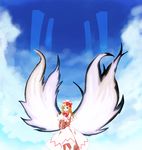  agent_(ikuoikuo) blonde_hair blue_eyes capelet cloud cloudy_sky day energy_wings hat large_wings lily_white long_hair sky solo touhou 