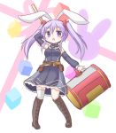  1girl :o alternate_costume animal_ears arm_behind_head bare_shoulders belt belt_pouch blush boots bunny_ears commentary cross-laced_footwear detached_sleeves dress erina_(rabi-ribi) eyebrows_visible_through_hair frilled_shirt_collar frills frr_(akf-hs) full_body hair_ribbon highres knee_boots long_hair looking_at_viewer mallet open_mouth pouch purple_eyes purple_hair rabi-ribi ribbon simple_background single_thighhigh solo thighhighs twintails white_legwear 