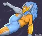  2016 anthro bionic blue_fur blue_hair bottomless breasts caprine clothed clothing cybernetics digitigrade female fur hair hooves j4kl kindred_(lol) lamb_(lol) league_of_legends machine mammal mask no_underwear pussy sheep simple_background solo space spirit spread_legs spreading star video_games visor 