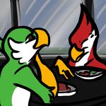  anonyartist askos avian avian_(starbound) beak date duo eyes_closed feathers food green_feathers maladash male male/male nude red_feathers sitting smile starbound table talons video_games white_feathers window 