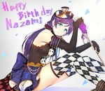  aqua_eyes argyle argyle_legwear bangs black_gloves bow breasts cafe_maid character_name checkered commentary_request elbow_gloves frills gloves hair_ornament happy_birthday hat large_breasts long_hair love_live! love_live!_school_idol_festival love_live!_school_idol_project low_twintails marshall_(wahooo) microphone microphone_stand mini_hat mini_top_hat purple_hair scrunchie skirt smile solo thighhighs top_hat toujou_nozomi twintails 