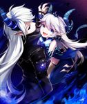  1girl :d arm_at_side back bangs black_coat blue_dress blue_eyes blue_panties blue_skin cape ciel_(elsword) covered_mouth cross cross_earrings crown demonio_(elsword) diabla_(elsword) dress ear_piercing earrings elsword fang from_above glowing hagha hair_between_eyes high_collar horn horns jewelry long_hair long_sleeves looking_at_viewer luciela_r._sourcream navel open_mouth panties piercing pointy_ears sidelocks signature silver_hair sleeveless sleeveless_dress smile spikes stomach symbol-shaped_pupils tail underwear very_long_hair white_hair 