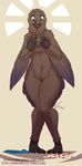  2016 anthro avian beak big_breasts bird black_claws black_scales breast_squish breasts brown_background brown_eyes brown_feathers claws corvid english_text feathers female ficus hand_on_breast hi_res navel nude open_mouth raven scales signature simple_background solo text toe_claws tongue wide_hips 