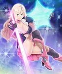  bare_legs blonde_hair breasts chigasaki_ririko cleavage female green_eyes large_breasts legs lilith-soft long_hair looking_at_viewer mizuryuu_kei skirt smile solo star taimanin_asagi taimanin_asagi_battle_arena weapon 