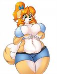  2016 anthro big_breasts black_nose breasts canine clothed clothing dog eyelashes female fur green_eyes hair hi_res huge_breasts kibbles long_hair mammal multicolored_fur orange_hair shorts simple_background skidd slightly_chubby solo thick_thighs two_tone_fur uberquest voluptuous white_background white_fur wide_hips 