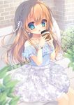  bare_shoulders bench blue_eyes braid brown_hair coffee_cup collarbone cup disposable_cup earrings hair_ribbon highres jewelry long_hair open_mouth original ribbon shiyu_(sweet_dream) sitting skirt solo watch wristwatch 