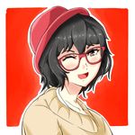  ;d black_hair blush brown_eyes glasses hat keikyu_(tiltedcube) looking_at_viewer one_eye_closed open_mouth original outline outside_border red red-framed_eyewear red_background red_hat short_hair simple_background smile solo upper_body 