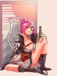  against_wall amputee baiken boots breasts cape cleavage facial_tattoo full_body goggles guilty_gear guilty_gear_xrd highres japanese_clothes kimono laio large_breasts lips long_hair monocle no_bra nose one-eyed pink_eyes pink_hair ponytail scar scar_across_eye sheath sheathed sitting solo tabi tattoo toeless_boots 