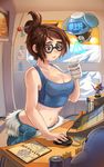  bad_id bad_tumblr_id beads breasts brown_hair cleavage cup ears eyebrows glasses hair_bun hair_ornament hair_stick highres large_breasts lips lucky_clover_(luckyxclover) mei_(overwatch) midriff mug navel overwatch pharah_(overwatch) robot snowball_(overwatch) tank_top 