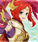  bird bird_on_hand blue_eyes breasts kakip league_of_legends looking_at_viewer open_mouth phoenix_quinn quinn red_hair small_breasts smile solo upper_body valor_(league_of_legends) 