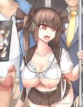  areolae bra breasts breasts_outside brown_hair cum fang fuck gangbang large_breasts long_hair nipples open_clothes open_mouth panties panty_pull pussy red_eyes skirt subway tears twintails underwear 