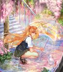  artist_name bangs blurry bubble cat depth_of_field floating_hair flower from_side green_skirt highres holding holding_umbrella hydrangea loafers long_hair miniskirt orange_hair original outdoors plant pleated_skirt puddle railing rain red_ribbon ribbon sangrde scenery school_uniform serafuku shirt shoes short_sleeves sidewalk skirt sleeves_folded_up socks solo sparkle squatting stairs sweater_vest transparent transparent_umbrella twintails umbrella very_long_hair water watermark web_address white_shirt wisteria 