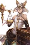  :3 ^_^ animal_ears bag balance_scale balancing bangs chain closed_eyes closed_mouth cowboy_shot detached_sleeves erune eyebrows eyebrows_visible_through_hair granblue_fantasy hair_between_eyes halterneck haramaki highres jewelry leaning_to_the_side male_focus pointing shao_(granblue_fantasy) simple_background sleeveless solo tenyo0819 turtleneck veil weighing_scale white_background white_hair 