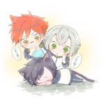  aizen_kunitoshi akashi_kuniyuki animal_ears bandaid bandaid_on_nose cat_ears cat_tail closed_eyes glasses green_eyes hotarumaru jida kemonomimi_mode male_focus multiple_boys open_mouth purple_hair red_hair silver_hair sleeping tail touken_ranbu track_suit translation_request wavy_mouth yellow_eyes 