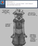  2016 annoyed ash_(phurie) ask_blog blush clothing dialogue english_text equine eyewear fan_character front_view girly glasses horn looking_at_viewer male mammal my_little_pony navel phurie solo text tumblr unicorn unseen_character 