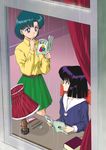  bishoujo_senshi_sailor_moon black_hair blue_hair blue_shirt book desk green_skirt hino_ryutaro lamp mizuno_ami multiple_girls purple_eyes rain reading shirt short_hair sitting skirt standing tomoe_hotaru window yellow_shirt 