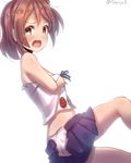  ass bare_arms bare_shoulders brown_eyes brown_hair covering covering_breasts dressing embarrassed food_print kantai_collection looking_at_viewer minarai_shachou one_side_up open_mouth panties print_panties sazanami_(kantai_collection) shirt short_hair sitting skirt solo strawberry_panties strawberry_print tears torn_clothes torn_shirt torn_skirt underwear white_panties 