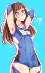  :&gt; adapted_costume armpits artist_name bangs bare_shoulders blue_background breasts brown_hair character_name collarbone commentary copyright_name covered_navel cowboy_shot d.va_(overwatch) dated facial_mark hands_in_hair headphones heart heart-shaped_pupils highres long_hair looking_at_viewer nakatokung name_tag old_school_swimsuit one-piece_swimsuit outline overwatch pink_eyes school_swimsuit simple_background skin_tight small_breasts smile solo swept_bangs swimsuit symbol-shaped_pupils thighhighs whisker_markings white_outline 