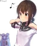  bag brown_eyes brown_hair eighth_note fubuki_(kantai_collection) kantai_collection minarai_shachou musical_note neckerchief ponytail school_uniform serafuku shirt short_sleeves smile solo translated upper_body 